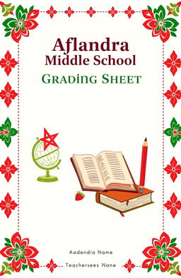 A grading sheet cover designed for an English teacher at Aflandra Middle School in Morocco, featuring a beautiful layout that includes the name 'Aflandra Middle School' prominently at the top