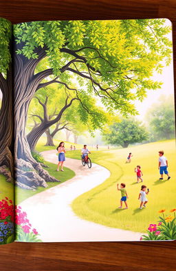 A book cover depicting a lush and serene environment, featuring vibrant green trees and colorful flowers, with a winding path inviting exploration