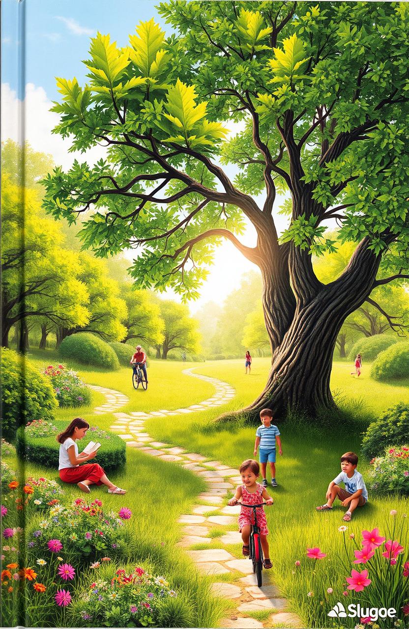 A book cover depicting a lush and serene environment, featuring vibrant green trees and colorful flowers, with a winding path inviting exploration