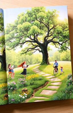 A book cover depicting a lush and serene environment, featuring vibrant green trees and colorful flowers, with a winding path inviting exploration