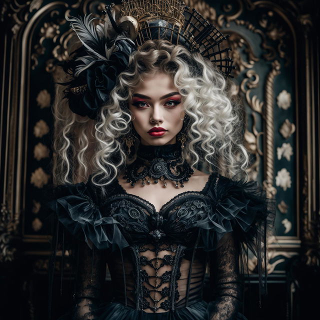 A photograph of a 19-year-old model with sanpaku eyes and circular irises in Rococo style with Gothic elements, featuring all white big Rococo hair, thick red lips, a corsetted waist, long eyelashes, and symmetrical facial features, dressed in a black dress, taken with a Sony Alpha a7 III and Sony FE 24-70mm f/2