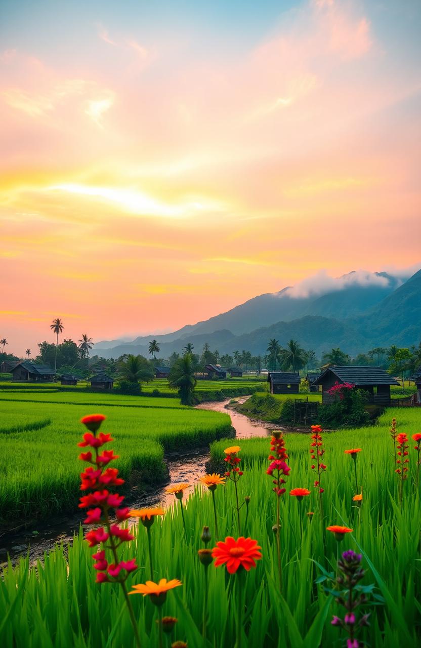 A beautiful traditional Indonesian landscape at sunset, featuring lush green rice fields, vibrant orange and pink skies, and a serene river flowing through the scene