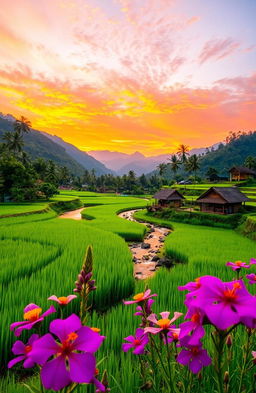 A beautiful traditional Indonesian landscape at sunset, featuring lush green rice fields, vibrant orange and pink skies, and a serene river flowing through the scene