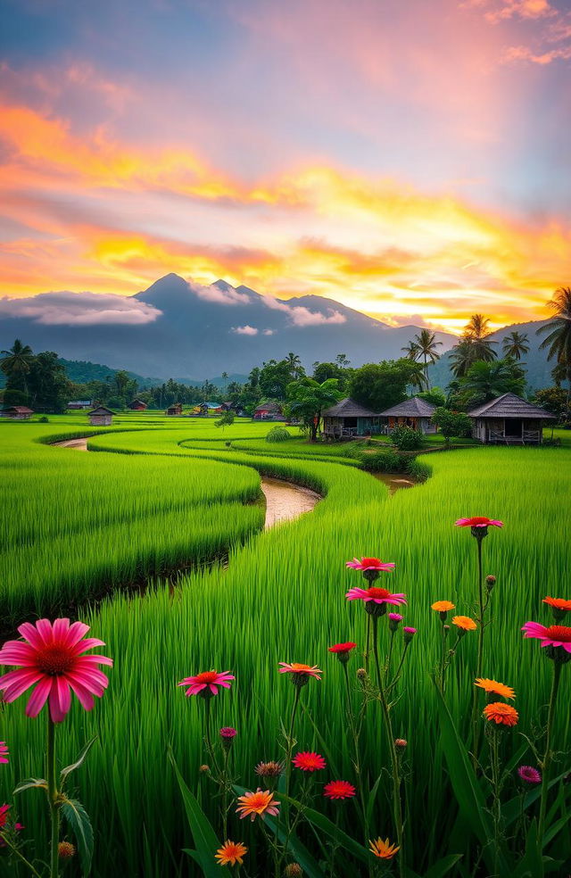 A beautiful traditional Indonesian landscape at sunset, featuring lush green rice fields, vibrant orange and pink skies, and a serene river flowing through the scene