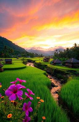 A beautiful traditional Indonesian landscape at sunset, featuring lush green rice fields, vibrant orange and pink skies, and a serene river flowing through the scene