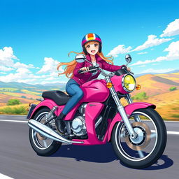Anime-style illustration of a 19-year-old girl riding a bright pink motorcycle