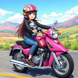 Anime-style illustration of a 19-year-old girl riding a bright pink motorcycle