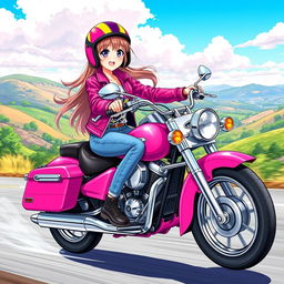 Anime-style illustration of a 19-year-old girl riding a bright pink motorcycle