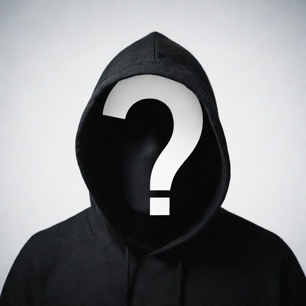 A shadowy figure of a man cloaked in a black hood, his face obscured and replaced by a stark white question mark.