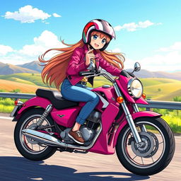 Anime-style illustration of a 19-year-old girl riding a bright pink motorcycle
