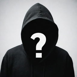 A shadowy figure of a man cloaked in a black hood, his face obscured and replaced by a stark white question mark.