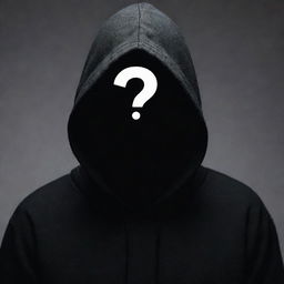 A shadowy figure of a man cloaked in a black hood, his face obscured and replaced by a stark white question mark.