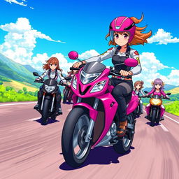 Anime-style illustration of a 19-year-old girl riding a bright pink motorcycle, confidently leading a group of female motorcyclists on a vibrant highway