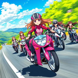 Anime-style illustration of a 19-year-old girl riding a bright pink motorcycle, confidently leading a group of female motorcyclists on a vibrant highway