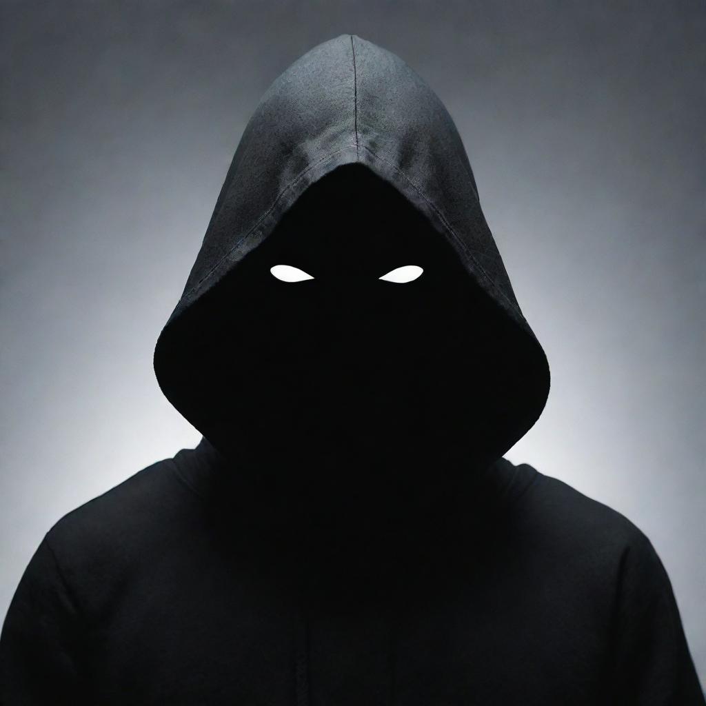 Anime-style depiction of a mysterious male figure enshrouded in a black hood, his face replaced with a stark question mark.
