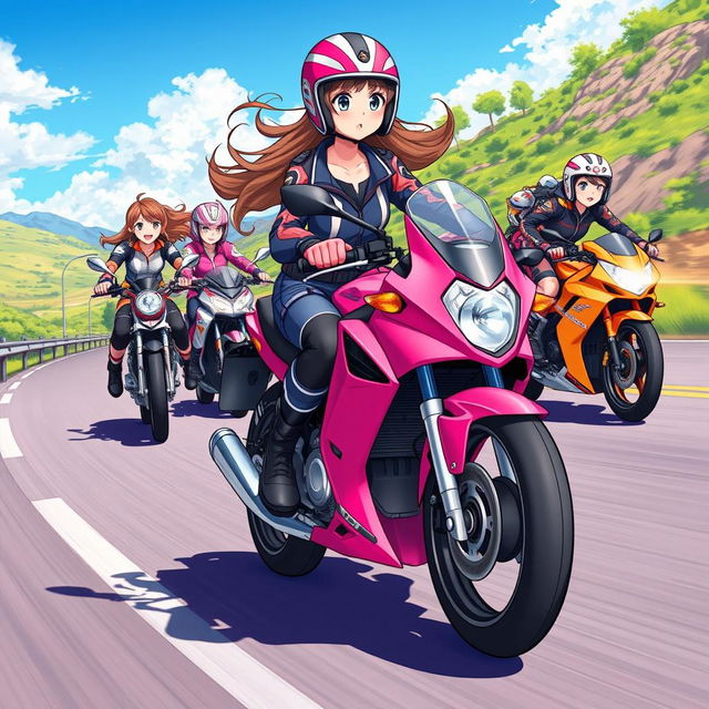 Anime-style illustration of a 19-year-old girl riding a bright pink motorcycle, confidently leading a group of female motorcyclists on a vibrant highway