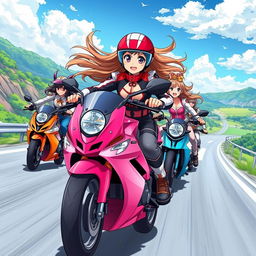 Anime-style illustration of a 19-year-old girl riding a bright pink motorcycle, confidently leading a group of female motorcyclists on a vibrant highway