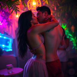 A sensual, intimate scene at a lively house party featuring Nushrat Bharucha wearing a low waist chiffon short skirt