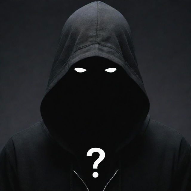 Anime-style depiction of a mysterious male figure enshrouded in a black hood, his face replaced with a stark question mark.