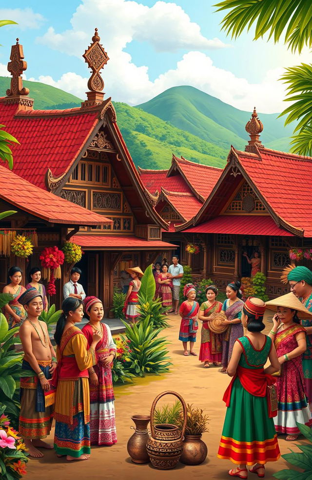 A vibrant and colorful representation of the cultural diversity of Indonesia, specifically focusing on the island of Sulawesi