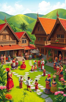 A vibrant and colorful representation of the cultural diversity of Indonesia, specifically focusing on the island of Sulawesi