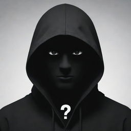 Anime-style depiction of a mysterious male figure enshrouded in a black hood, his face replaced with a stark question mark.