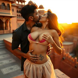 An intimate and sensual scene set at a stunning Rajasthani fort featuring Nushrat Bharucha in a low waist chiffon short skirt