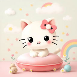 A charming illustration of a cartoon-style cat resembling Hello Kitty, characterized by a cute round face, black button eyes, and a pink bow on one ear