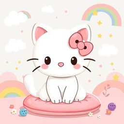 A charming illustration of a cartoon-style cat resembling Hello Kitty, characterized by a cute round face, black button eyes, and a pink bow on one ear