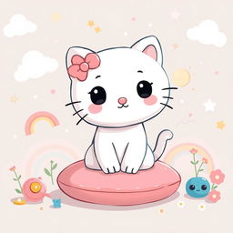 A charming illustration of a cartoon-style cat resembling Hello Kitty, characterized by a cute round face, black button eyes, and a pink bow on one ear