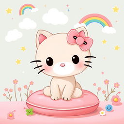 A charming illustration of a cartoon-style cat resembling Hello Kitty, characterized by a cute round face, black button eyes, and a pink bow on one ear
