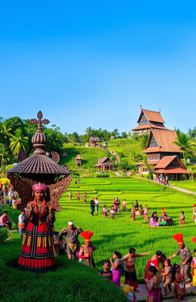 A vibrant and colorful representation of the diverse cultures of Sulawesi, Indonesia, showcasing traditional clothing, elaborate ceremonies, and unique architecture