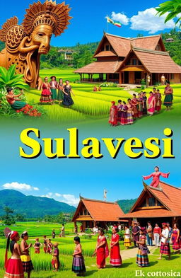 A vibrant and colorful representation of the diverse cultures of Sulawesi, Indonesia, showcasing traditional clothing, elaborate ceremonies, and unique architecture