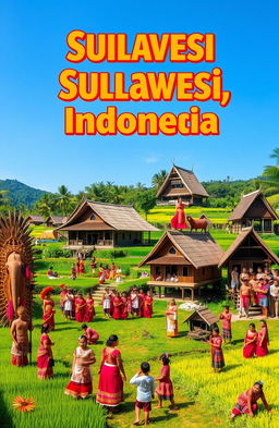 A vibrant and colorful representation of the diverse cultures of Sulawesi, Indonesia, showcasing traditional clothing, elaborate ceremonies, and unique architecture