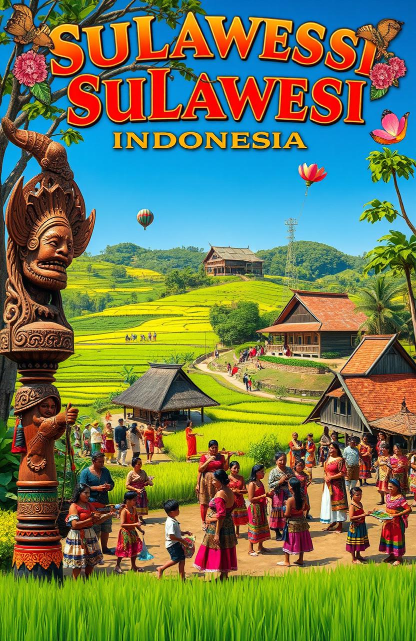 A vibrant and colorful representation of the diverse cultures of Sulawesi, Indonesia, showcasing traditional clothing, elaborate ceremonies, and unique architecture