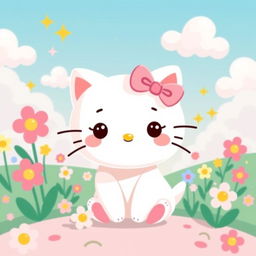 A whimsical illustration of a cute, cartoonish character inspired by the elements of Hello Kitty, featuring a white anthropomorphic cat with a bow on her head, surrounded by pastel colored flowers and playful, colorful elements like clouds and stars