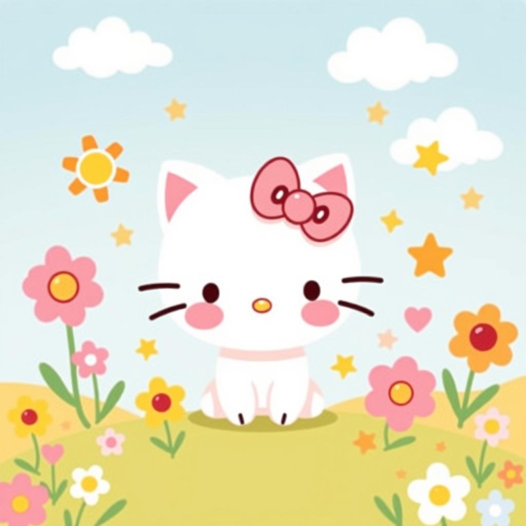 A whimsical illustration of a cute, cartoonish character inspired by the elements of Hello Kitty, featuring a white anthropomorphic cat with a bow on her head, surrounded by pastel colored flowers and playful, colorful elements like clouds and stars