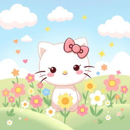 A whimsical illustration of a cute, cartoonish character inspired by the elements of Hello Kitty, featuring a white anthropomorphic cat with a bow on her head, surrounded by pastel colored flowers and playful, colorful elements like clouds and stars