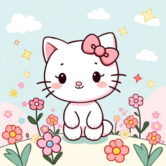 A whimsical illustration of a cute, cartoonish character inspired by the elements of Hello Kitty, featuring a white anthropomorphic cat with a bow on her head, surrounded by pastel colored flowers and playful, colorful elements like clouds and stars