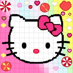 A pixel art representation of Hello Kitty, featuring her signature white cat face with a pink bow on her left ear, large black button-like eyes, and a small nose