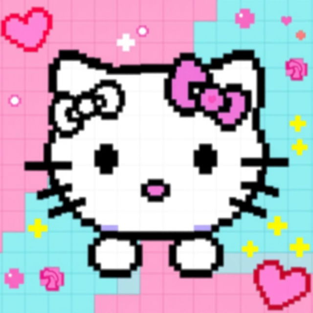 A pixel art representation of Hello Kitty, featuring her signature white cat face with a pink bow on her left ear, large black button-like eyes, and a small nose