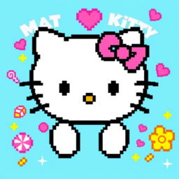 A pixel art representation of Hello Kitty, featuring her signature white cat face with a pink bow on her left ear, large black button-like eyes, and a small nose