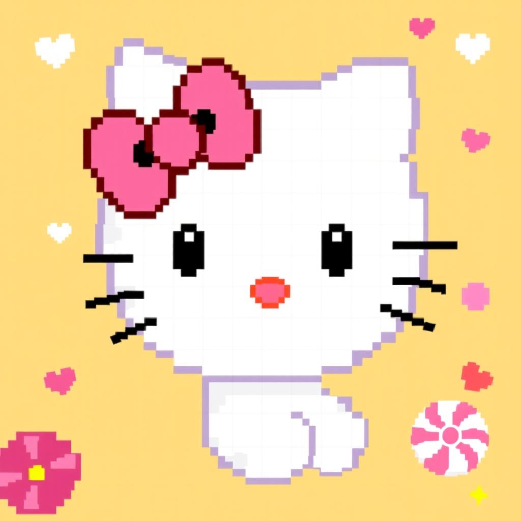 A pixel art representation of Hello Kitty, featuring her signature white cat face with a pink bow on her left ear, large black button-like eyes, and a small nose