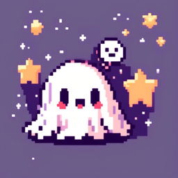 Pixel art profile picture of a cute ghost against a star-speckled midnight blue background.