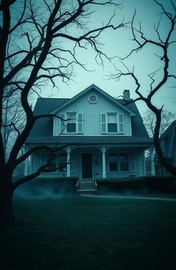 A normal suburban house surrounded by a slightly overcast sky, giving the scene an eerie atmosphere