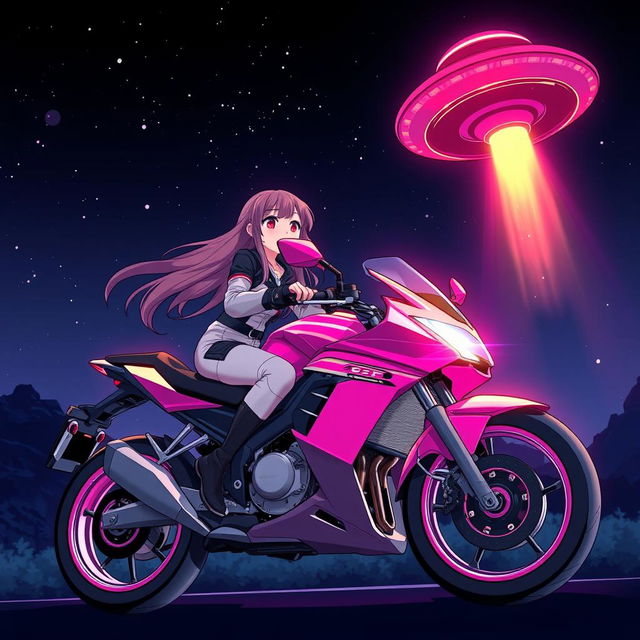 Anime-style illustration of a 19-year-old girl riding a bright pink motorcycle in a dramatic nighttime scene