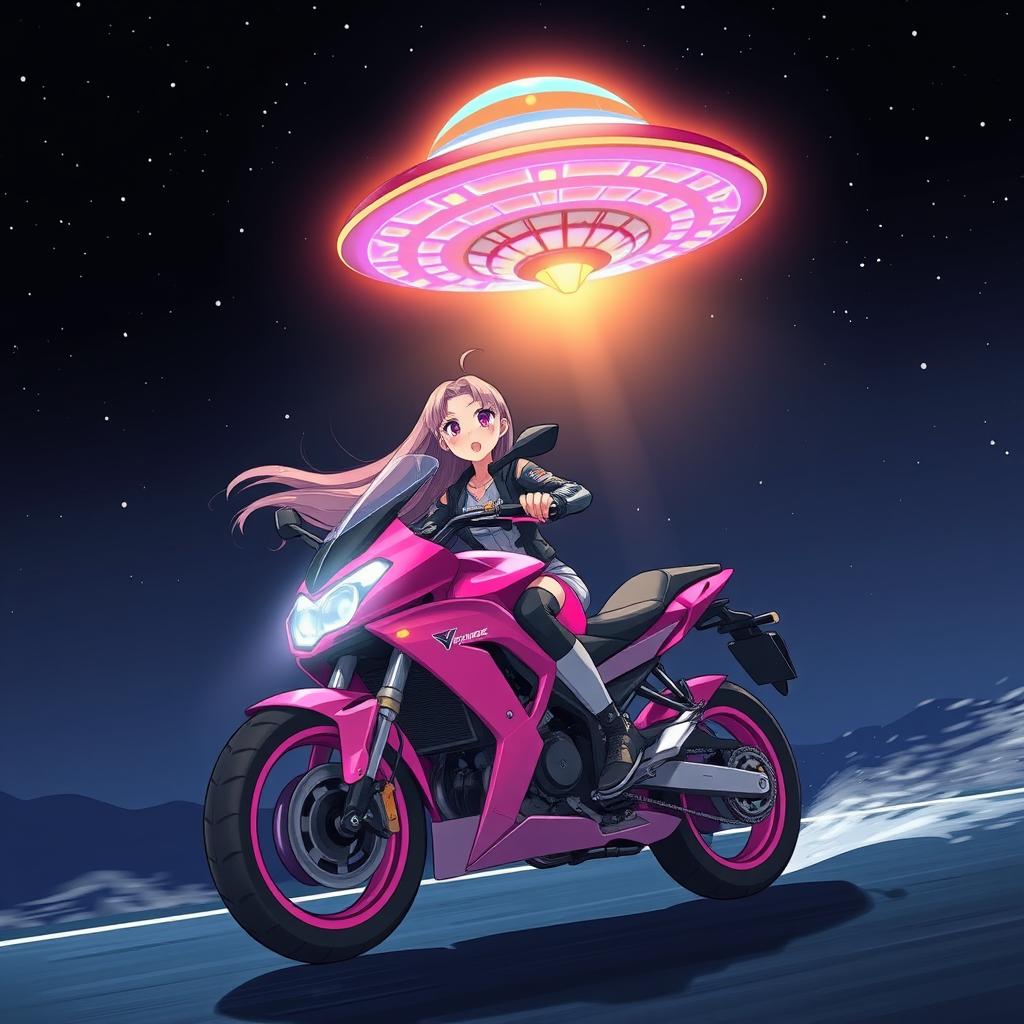 Anime-style illustration of a 19-year-old girl riding a bright pink motorcycle in a dramatic nighttime scene