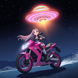 Anime-style illustration of a 19-year-old girl riding a bright pink motorcycle in a dramatic nighttime scene