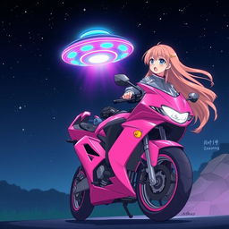 Anime-style illustration of a 19-year-old girl riding a bright pink motorcycle in a dramatic nighttime scene