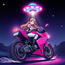 Anime-style illustration of a 19-year-old girl riding a bright pink motorcycle in a dramatic nighttime scene